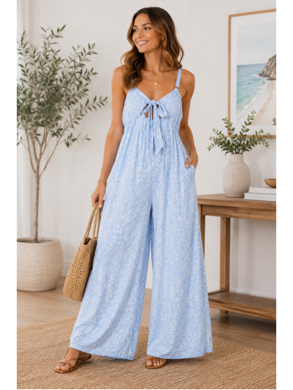 Piping Hot Blue & White Print Wide Leg Jumpsuit Women's Size 14 Adjustable Strap